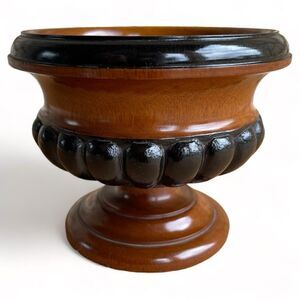 Vintage Turned Wood Black Bubble Ribbed Base Rim Compote Pedestal Urn